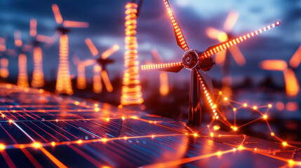Aufkleber - Futuristic electric grid powered by renewable energy sources, featuring wind turbines and solar panels illuminated with vibrant lights, showcasing innovation and sustainability