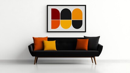 Modern living room featuring a stylish black sofa with colorful cushions and abstract wall art