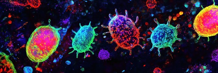 Fototapete - Discover vibrant magnified viruses showcasing their intricate structures in a colorful scientific representation. Generative AI