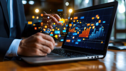Aufkleber - professional analyzing business data and analytics on laptop, showcasing visual graphs and digital elements. scene conveys sense of innovation and technology in workplace