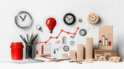 Aufkleber - creative workspace featuring clocks, graphs, and light bulb symbolizes entrepreneur journey. vibrant red elements and organized layout inspire productivity and innovation