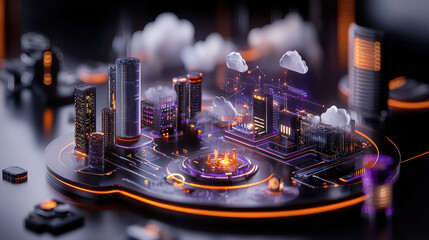 Fototapete - futuristic cityscape with glowing buildings, cloud servers, and digital elements, showcasing advanced technology and urban development