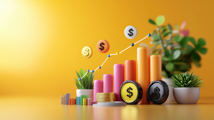 Poster - visual representation of economic growth with colorful bar graphs, coins, and plants, symbolizing financial success and investment opportunities