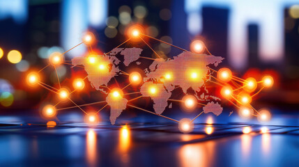 Fototapete - visual representation of global market analysis with interconnected nodes and world map, showcasing data flow and connectivity in digital environment