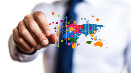 Aufkleber - person holding colorful world map with data points, representing global market analysis and connectivity. This visual emphasizes international business and data visualization