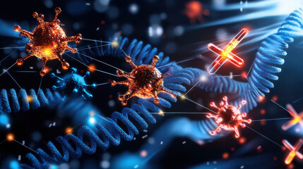 Poster - Innovative visualization of nanotechnology showcasing molecular structures, viruses, and DNA strands, highlighting advancements in science and technology