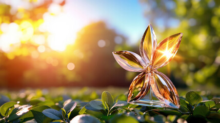 Poster - beautiful glass flower sculpture glistens in sunlight, surrounded by lush green leaves. vibrant colors and soft bokeh create serene and uplifting atmosphere