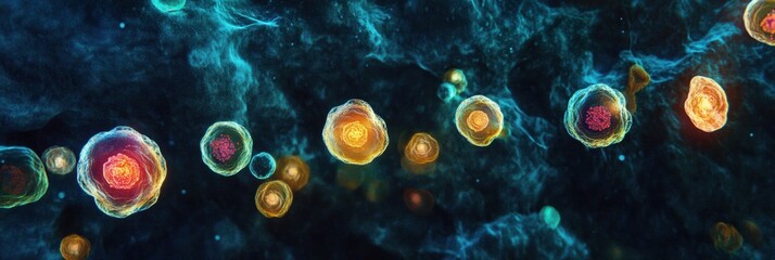 Fototapete - Vibrant representation of magnified viruses showcasing intricate details and vibrant colors in a scientific context. Generative AI