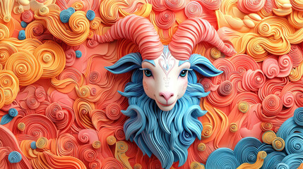 Poster - Adorable 3D goat design representing Capricorn zodiac with vibrant colors and swirling patterns, creating whimsical and artistic atmosphere