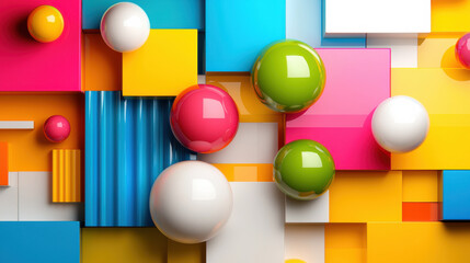 Fototapete - Bright and colorful abstract design featuring geometric shapes and spheres, creating vibrant and playful composition. Ideal for modern art and design projects