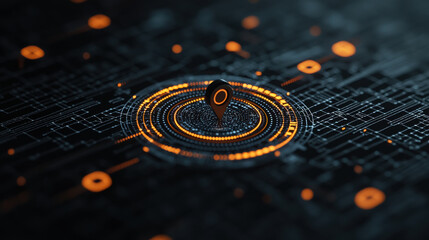Fototapete - abstract representation of business strategy with digital elements, featuring central location marker surrounded by glowing circuits and data patterns