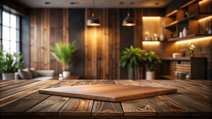 Poster - Rustic Wooden Tabletop with Warm Lighting and Blurred Background of Cozy Interior