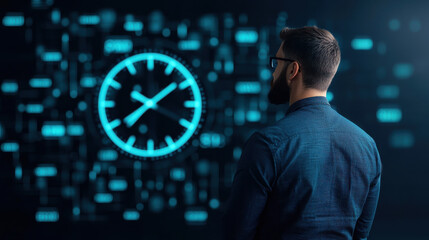 Leinwandbilder - man with glasses stands in front of glowing digital clock, contemplating time and technology. futuristic background enhances atmosphere of innovation and progress