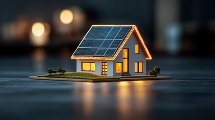 Aufkleber - solar powered house model with glowing windows and solar panels, showcasing sustainable living and modern design. This inspiring image highlights eco friendly architecture