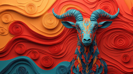 Aufkleber - Vibrant 3D Capricorn goat design with colorful swirls and textures. This artistic representation showcases striking blend of orange and blue hues, creating captivating visual experience