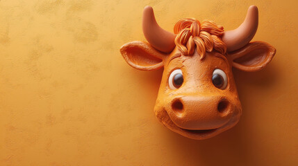 Poster - Cute 3D ox illustration representing zodiac sign of Taurus, featuring friendly expression and vibrant orange color against textured yellow background