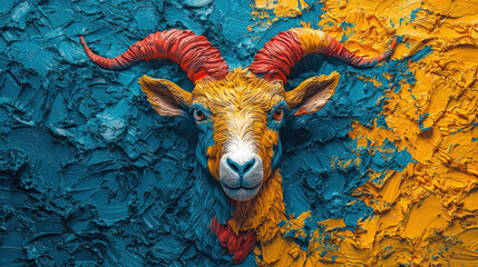 Aufkleber - Vibrant 3D Capricorn goat with intricate clay like texture, showcasing bold colors and artistic design. This striking piece captures attention and evokes creativity