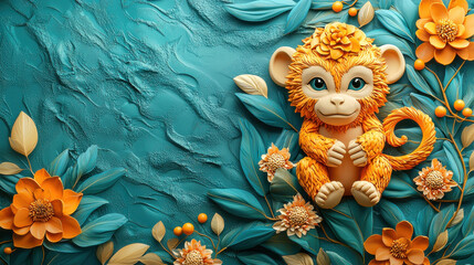 Poster - vibrant 3D monkey with detailed clay texture sits among colorful flowers and leaves, creating playful and artistic scene. bright colors evoke joy and creativity