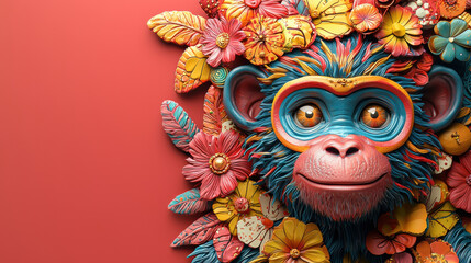 Poster - Vibrant 3D monkey with detailed clay texture surrounded by colorful flowers, showcasing playful expression against coral background