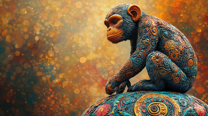 Poster - Vibrant 3D monkey design symbolizing zodiac sign of monkey, featuring intricate patterns and colors against warm, bokeh background