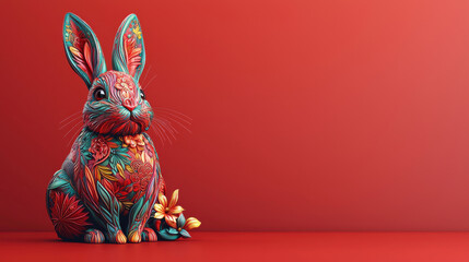 Poster - Vibrant 3D rabbit design for zodiac, featuring intricate floral patterns and bright colors against red background, evoking sense of joy and celebration