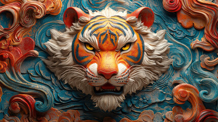 Poster - Vibrant 3D tiger design symbolizing zodiac sign of Tiger, featuring intricate details and bold colors, evoking strength and majesty in dynamic background