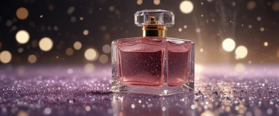 A delicate perfume bottle filled with a fragrant liquid rests on a surface covered in a thick layer of sparkling glitter, perfume, scented oil