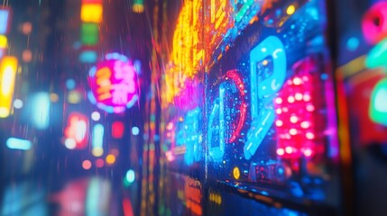 Wall Mural - Vibrant neon signs illuminate a rain-slicked city street at night, creating a dazzling display of color and light.