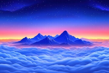 Wall Mural - Breathtaking mountain landscape at twilight, with vibrant colors and clouds creating a serene atmosphere.