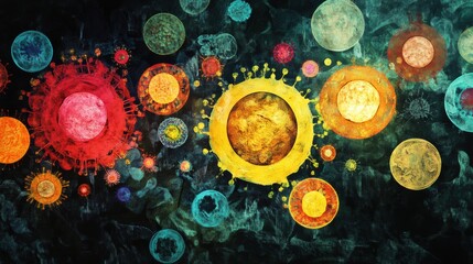 Fototapete - Colorful magnified depiction of viruses showcasing intricate structures and diverse forms in a scientific context. Generative AI