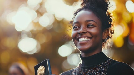 Wall Mural - a candid shot of a person smiling joyfully while receiving their award.