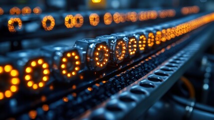 Wall Mural - Close-Up View of Industrial Conveyor System with Illuminated Indicators, Showcasing Advanced Technology in Modern Manufacturing Facility