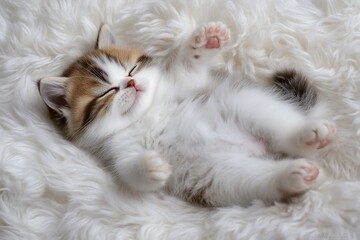 Wall Mural - Adorable kitten sleeps soundly on fluffy white fur.