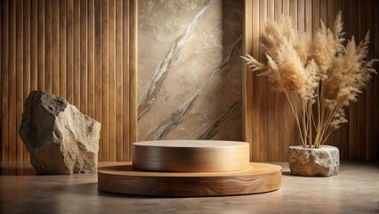 Poster - Wooden Platform with Natural Elements for Product Display