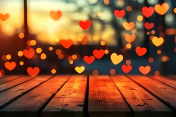 Poster - A beautiful wooden table with floating hearts in soft focus during sunset, creating a romantic atmosphere for love.