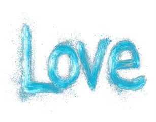 Poster - word Love is artistically painted in cyan with smooth and glossy brush lines on transparency background, creating striking and emotional visual effect