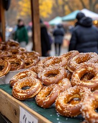 Freshly baked pretzels on display at an outdoor market.