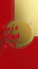 Wall Mural - Minimalist Red and Gold Chinese New Year Design Featuring Blossoms and Geometric Elements, Perfect for Festive Celebrations and Cultural Decor