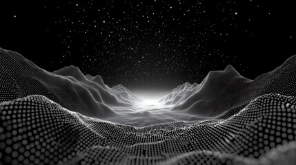 Wall Mural - An abstract landscape created from particles, showcasing a serene and futuristic atmosphere under starry skies.