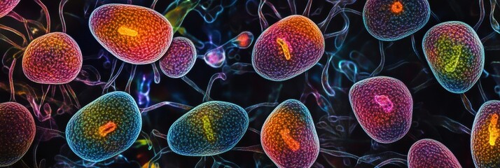 Fototapete - Magnified view of colorful viruses showcasing intricate structures and vibrant patterns in scientific illustration. Generative AI