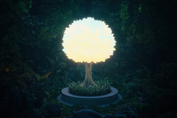 Wall Mural - glowing solar tree illuminates lush garden at night, creating magical atmosphere