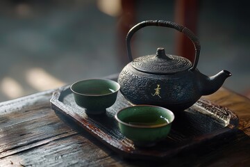 Wall Mural - Black cast iron teapot and two green tea cups on a dark wooden tray with traditional Chinese elements