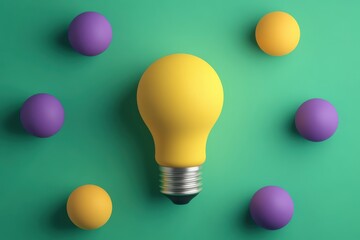 Wall Mural - a bright yellow light bulb surrounded by colorful spheres on a green background, symbolizing creativ