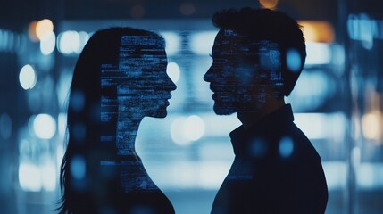 Silhouetted man and woman facing each other, overlaid with digital code, against a blurred city lights background.
