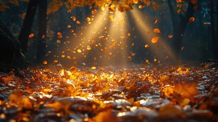 Poster - Autumn leaves falling, sunlit forest floor.