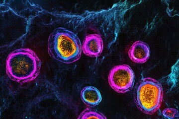 Fototapete - Exploration of magnified viruses showcasing vibrant colors in a scientific representation. Generative AI