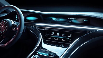 4k video Futuristic car interior with illuminated dashboard and steering wheel.