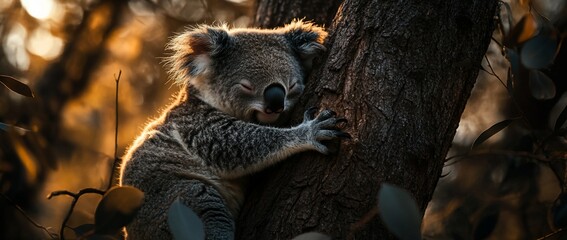 Sticker - Koala hugging tree trunk at sunset.