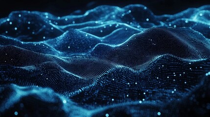 A digital plexus of glowing lines and dots set against a cybernetic futuristic background, depicting big data visualization and network connections in a 3D rendering