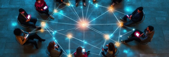 Aufkleber - Group of people engaged in digital connection while sitting in a circle with glowing phones at a social gathering. Generative AI